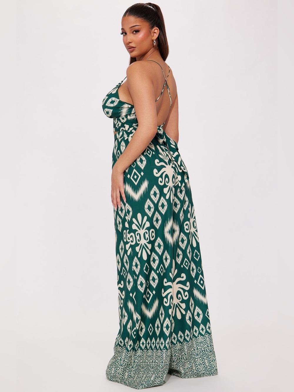 Fashion Nova Teal & Cream Printed Wide-Leg 2 piece pants set Small - Picture 3 of 3